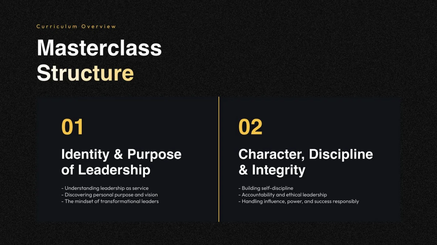 Masterclass structure, modules one and two: identity and purpose of leadership, and character, discipline and integrity.